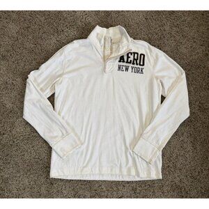 AERO Cream Polo Shirt Long Sleeve Y2k 90s Rugby Casual Collegiate Spellout LARGE